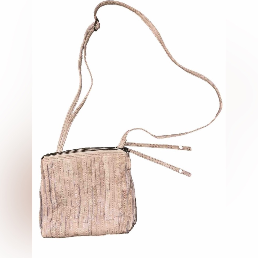 Anthropologie Day & Mood Faye Tan Cream Leather Ruffled Crossbody Purse - Picture 2 of 10